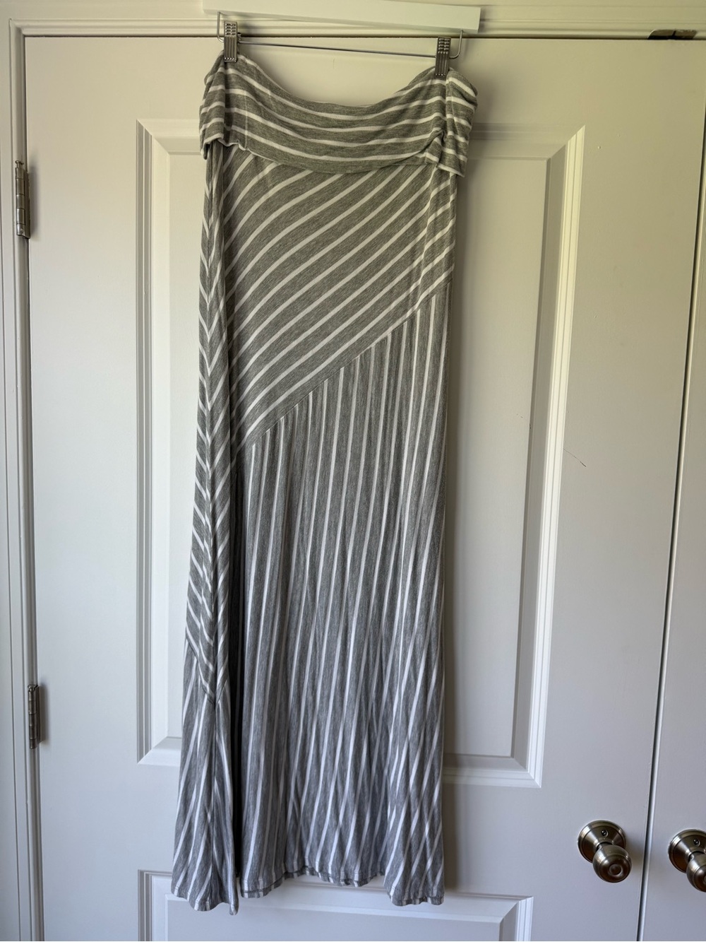 Gray & White Diagonal Striped Maxi Skirt, Fold-over Waist, XL
